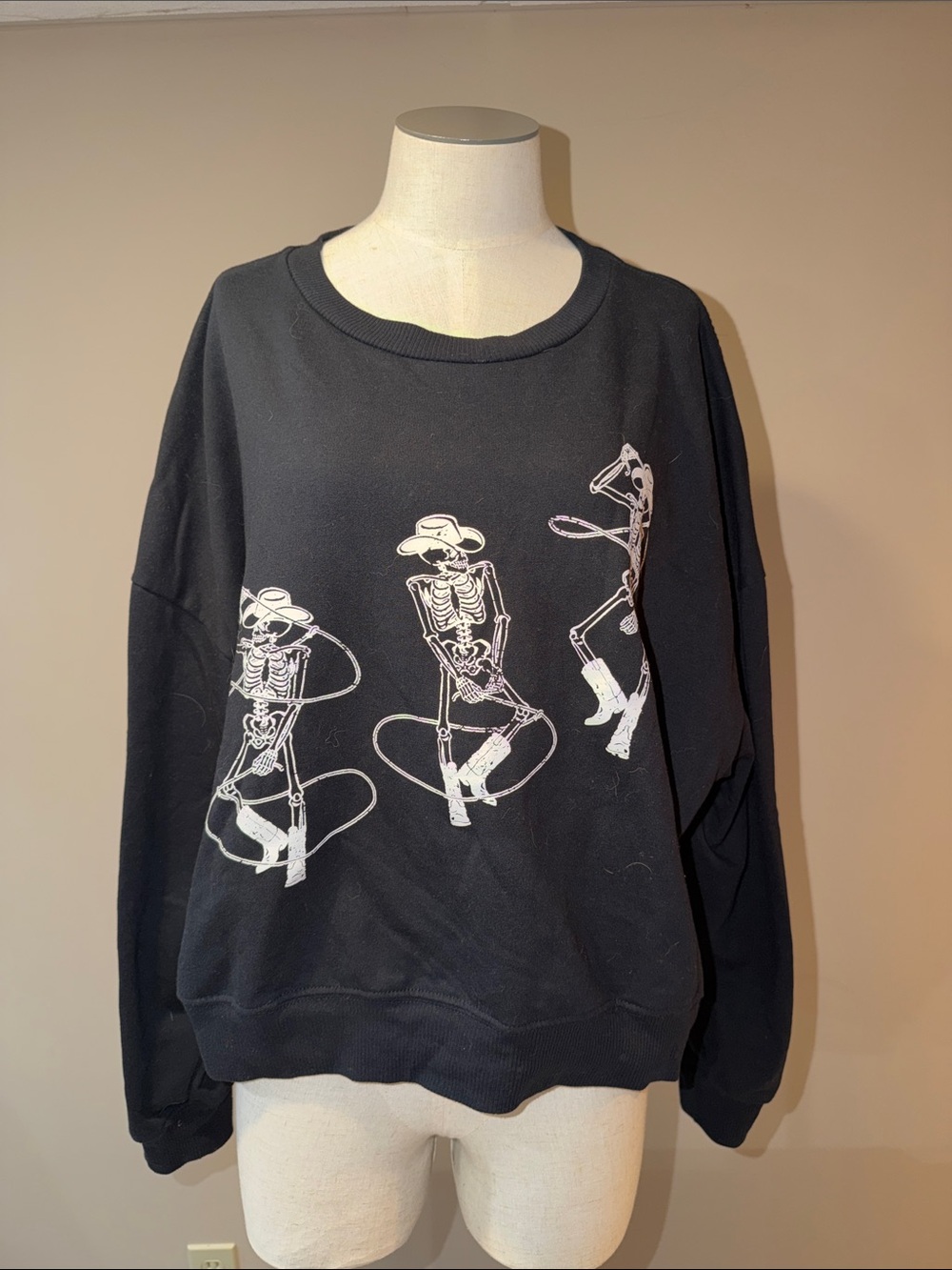 Altar'd State Black Crewneck Sweatshirt with White Skeleton Cowboy Graphic - Men